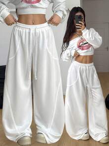 Coolane 女士夏季街头休闲装宽松松紧腰带舒适灰色弯刀裤 - 白色 - 查看 2