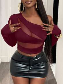BamGleam Black Off-Shoulder Patchwork Long-Sleeved Sexy T-Shirt In English - Burgundy - View 6