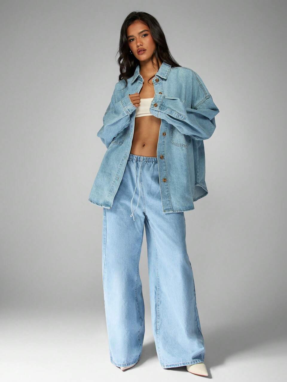 MISSGUIDED Oversized Denim Shirt And Wide Leg Pants Matching Two Piece Set With Tie Front Detail For Casual Spring Summer Outfits