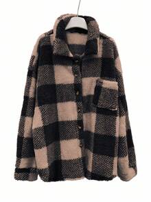 INAWLY 女士格子衬衫领口袋纽扣休闲夹克，时尚学院风 - 咖啡棕 - 查看 6