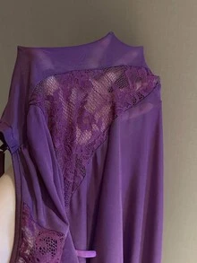 Vibekara Vestido ajustado sexy de talla grande con escote en V, parches de encaje, decoración de lazo, mangas de murciélago, que estiliza y define la cintura - Morado - Ver 10