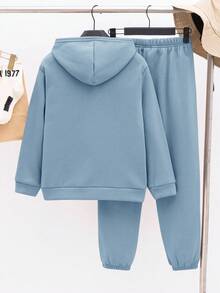SHEIN 兒童 2 件組大童男孩套裝：連帽衛衣與慢跑長褲，秋季返校休閒基礎穿搭，適合通勤、日常與運動 - 淺藍色 - 查看 2