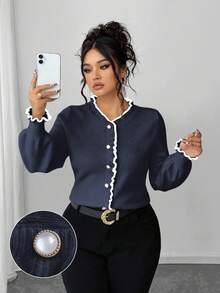 Elenzga Suéter de manga larga ajustado con falso plastrón, elegante y de moda para tallas grandes