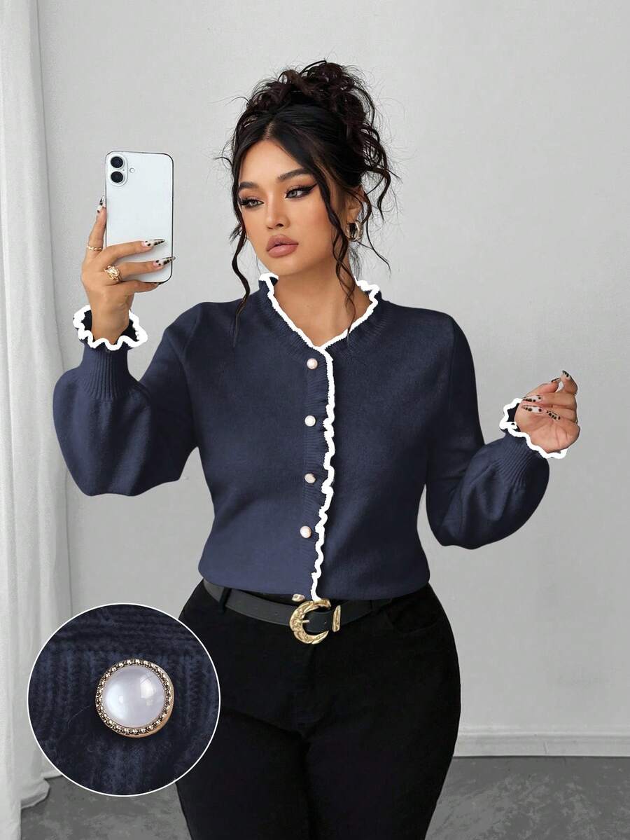 Elenzga Suéter de manga larga ajustado con falso plastrón, elegante y de moda para tallas grandes