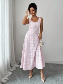 Elenzga 女士优雅 U 领无袖中长连衣裙，收腰设计，花卉提花面料，珍珠纽扣装饰，适合春秋季节 - 淺粉色 - 查看 4