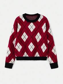 lacRébo Loose Fit Argyle Jumper Fall Women Clothes Autumn Outfits Fall Women Clothes Autumn Winter Going Out Outfits Christmas New Year Outfits - Multicolor - View 6