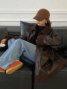 DAZY 女士翻领大口袋人造毛皮内衬常规款夹克，秋冬季女士皮夹克外套 - 咖啡棕 - 查看 5