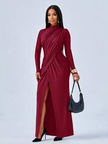 SOLERSUN 女式优雅立领长袖高开叉大腿长裙 - 酒紅色 - 查看 4