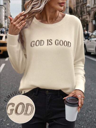 INAWLY Suéter cómodo de cuello redondo con manga larga y cálido, con gráfico bordado "Dios es bueno", adecuado para uso diario para mujeres