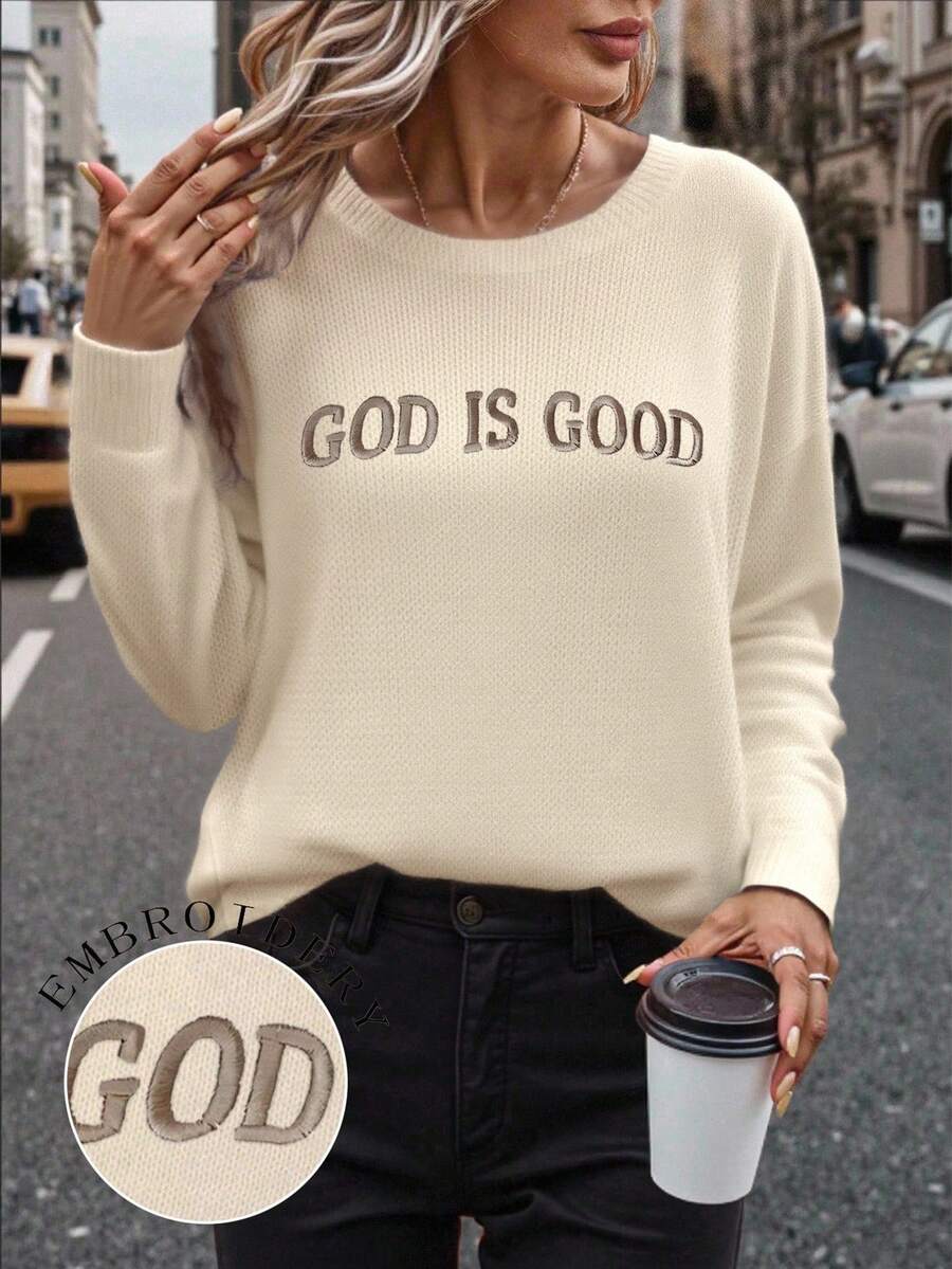 INAWLY 上帝是善良的刺绣图案圆领保暖长袖舒适毛衣,适合女士日常穿着 - 杏色 - 查看 1