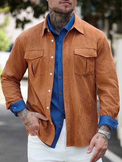 Manfinity Homme Camisa de hombre de manga larga con bolsillo utilitario de otoño, camisa informal con botones en color marrón, camisa de ante para hombre en color óxido, camisa de ante marrón para hombre, camisas marrones para hombre