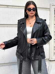 EURMUSE Plus Size Zip Up Belted Patent Moto Jacket, For Winter