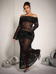 GalTyme Set di top corto e gonna lunga con glitter, taglie comode, versatile da indossare sia con spalle scoperte che con collo a cappuccio