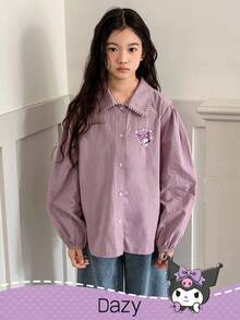 DAZY HELLO KITTY AND FRIENDS | SHEIN 青少年女孩撞色蕾丝花边领灯笼长袖衬衫，秋季 - 紫色 - 查看 5