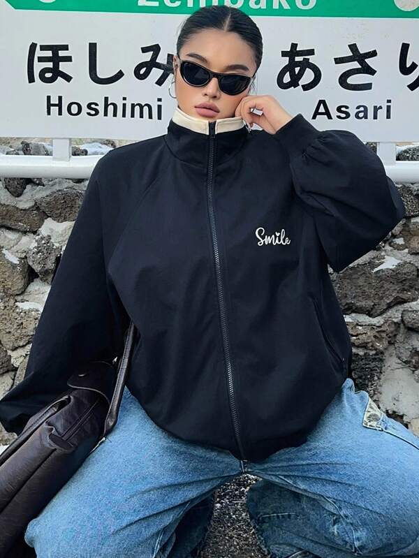 Dazy Plus 时尚刺绣图案宽松撞色拼接街头风外套，适合大码女装，春秋季女式外套