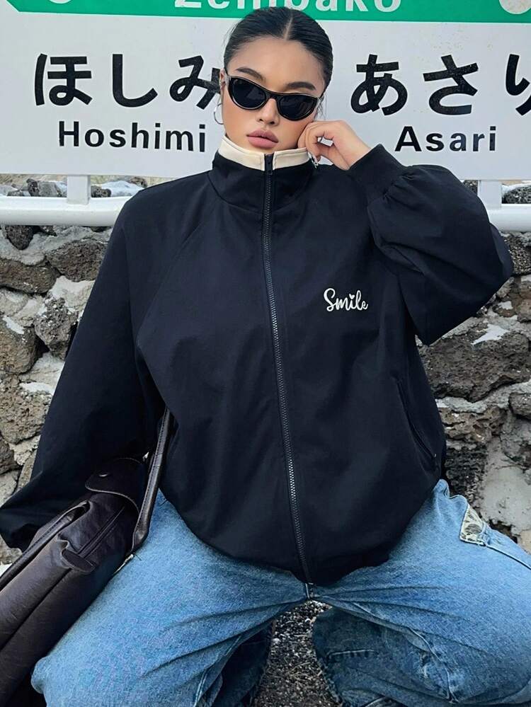 Dazy Plus Fashionable Embroidered Pattern Loose Contrast Color Patchwork Street Style Jacket For Plus Size Women, Spring/Autumn Women Coats