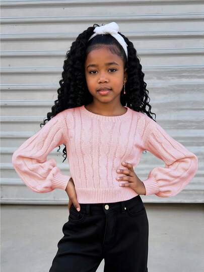SHEIN Genkimix Kids Tween Girl 1 Piece Round Neck Minimalist Cable Knit Cropped Top For School & Casual Wear, Spring/Fall Cute Sweater