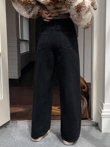 DAZY 保暖内衬宽松高腰阔腿牛仔裤，黑色直筒女式牛仔裤，秋冬季保暖内衬 - 黑色 - 查看 2