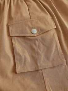 SHEIN EZwear 大尺碼女裝純色束腰工作口袋休閒半身裙 - 卡其色 - 查看 5