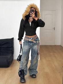 Coolane 女士秋冬音乐会狂欢节外出文艺复兴博览会俱乐部 Y2K 黑色毛领黑色连帽衫 - 黑色 - 查看 5