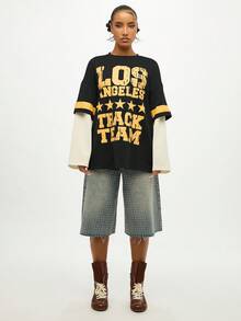 SUMWON WOMEN 大学双层洛杉矶田径队都市街头风格 T 恤 22 号星星图案复古设计秋季时尚分层外观 - 黑色 - 查看 8