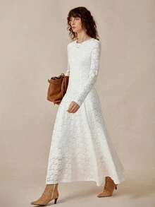 Rafferiza 女士优雅波西米亚长袖经典圆领修身长款白色连衣裙，搭配精致蕾丝面料，适合春秋季节 - 白色 - 查看 5