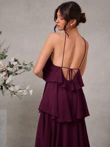 L'Amorae 优雅浪漫婚礼宾客纯色露背分层雪纺长裙 - Red Plum - 查看 3