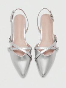 CUCCOO BIZCHIC 女士尖头平底鞋，带交叉扣带，银色露背平底鞋，舒适百搭休闲鞋，适合工作和日常穿着 - 銀色 - 查看 2