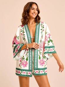 CAJUNI 女士花卉印花宽松休闲和服罩衫，3/4 袖，适合度假