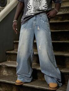 ROMWE MEN Street Life Men's Casual Washed Distressed Star Rhinestone Ripped Wide Leg Jeans - Dark Wash - View 3