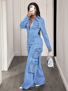 BamGleam Women's Casual Denim Bib Pants And Jumpsuit For Everyday Wear - Blue - View 1