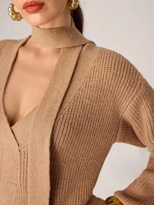 Modelyn Vestido de punto de manga larga con cuello en V y hombros caídos, unicolor, para otoño/invierno - Albaricoque - Ver 6