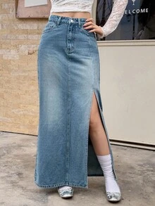 Rivivi 女式口袋开衩时尚性感牛仔长裙 - 藍色 - 查看 6