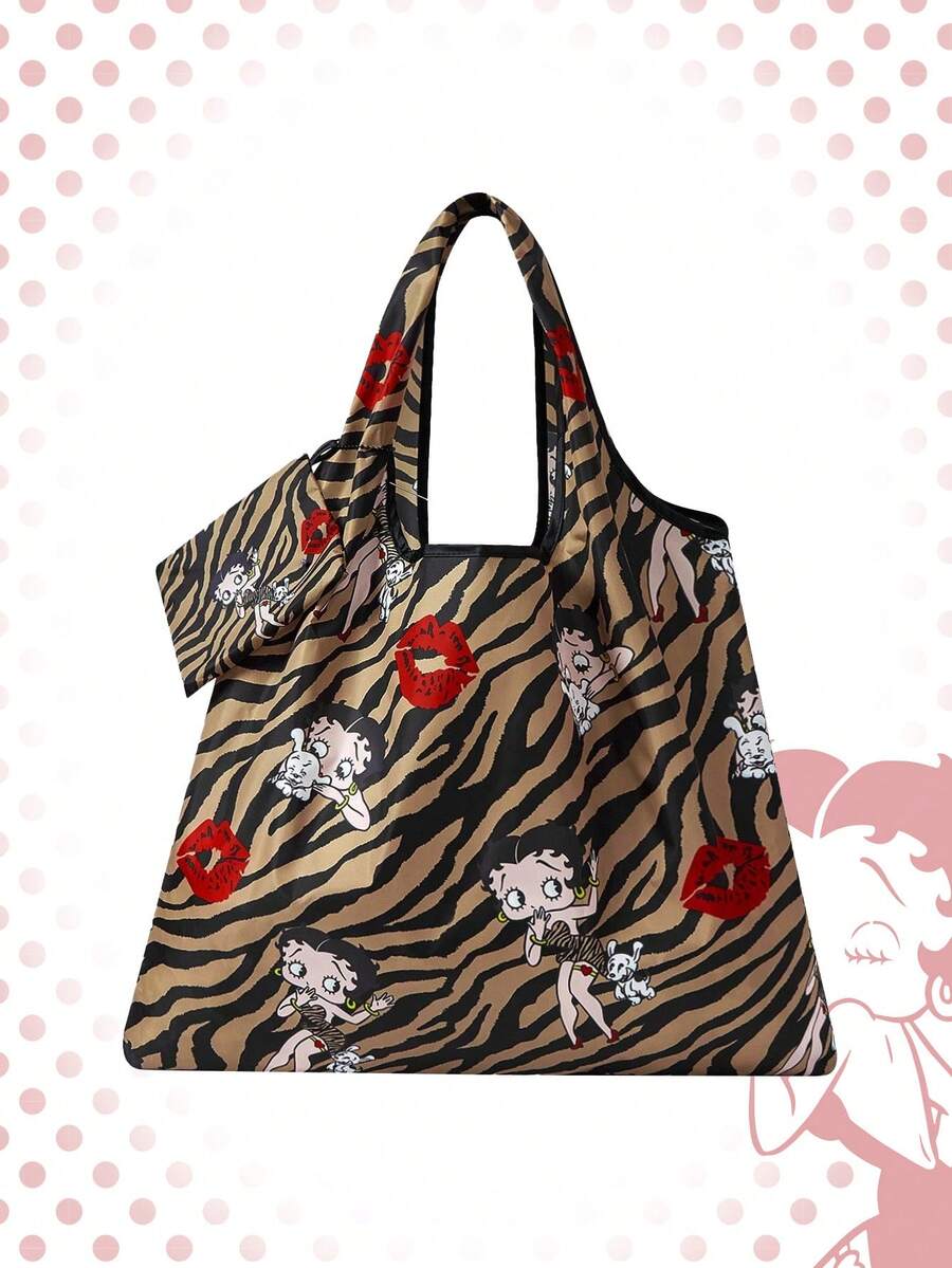Betty Boop | ROMWE 大容量可折叠手提袋带零钱袋,便携式购物袋 - 棕黑 - 查看 1