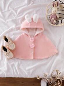 SHEIN Toddler Girls' Cute Pink Plush Rabbit Ear Heart Decor Comfortable Sleeveless Shawl Jacket, Autumn/Winter Fall - Pink - View 6