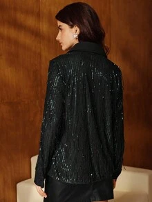 Anewsta Autumn/Winter New Olive Green Sequin Tassel Women's Blouse, Elegant, Luxury, Formal, Chic, Business, Graduation - Dark Green - View 2