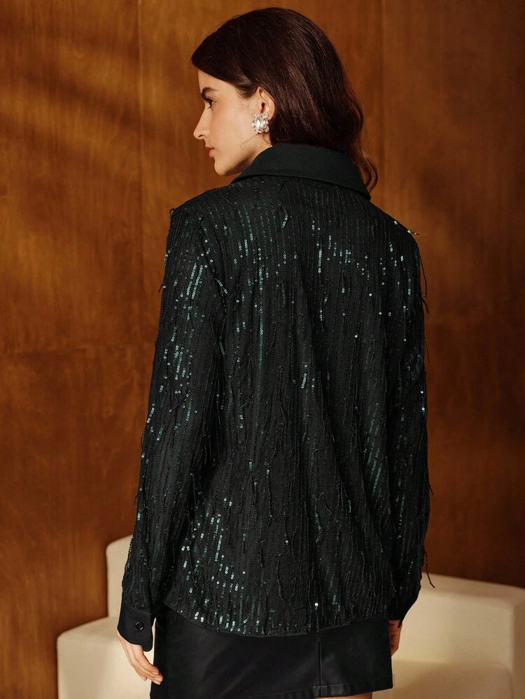 Autumn/Winter New Olive Green Sequin Tassel Women's Blouse, Elegant, Luxury, Formal, Chic, Business, Graduation