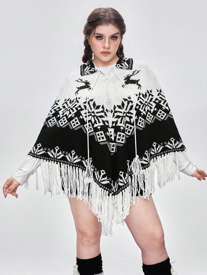 Kawaii Christmas Reindeer & Snowflake Pattern Tasseled Poncho Plus Size Women Sweater