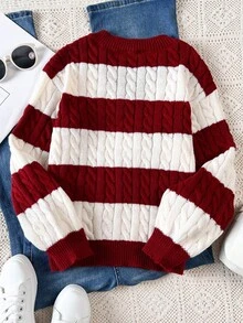 SHEIN 女童条纹拼色麻花针织 V 领灯笼袖超大套头衫，适合秋冬外出 - 彩色 - 查看 2