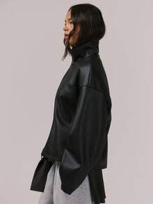 MUSERA Oversized High Neck Faux Leather Full Zip Up Jacket Night Out Winter Outerwear Spring Vacation - Black - View 3