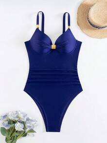 Swim Lushoire Women's Solid Color Shiny Blue One-Piece Swimsuit, Slimming, Defined Cup, Non-Removable Padded, Underwire, Lift & Separate, Metal Decor, Suitable For Beach & Resort, Summer
