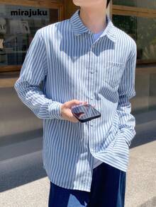 Mirajuku 青少年男孩翻领纽扣长袖条纹口袋衬衫