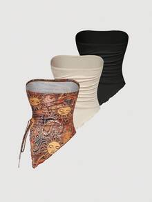 SHEIN MOD 3pcs Women Drawstring Design Ruched Fashionable Tube Top, Halloween Costumes, Vacation Women, 2000s , Costume - Multicolor - View 2