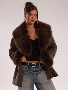 SHEIN BAE Women's Fashionable Faux Fur Patchwork Blended Overcoat, Fall/Winter Style Elegant Blended Overcoat, Perfect For Casual Outings, Dates, And Leisure Occasions Brown Coat Outerwear Women,Winter Clothes For Women - Coffee Brown - View 5