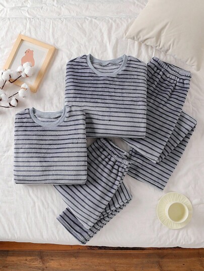 SHEIN 2pcs Boys Thick Fleece Striped Long Sleeve Top And Pants Casual Loungewear Set, Autumn/Winter