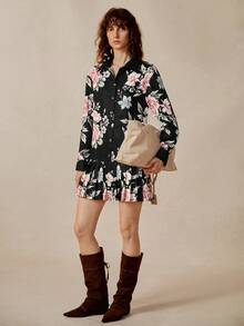 Florisole Vestido con botones y dobladillo plisado con estampado floral vintage, estilo campestre, adecuado para maestras, manga larga, otoño - Negro - Ver 3