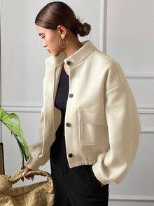 DAZY 女式休闲纯色立领口袋短款夹克，秋季