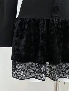 Elamini 1 件女式黑色纽扣撞色蕾丝方领修身迷你连衣裙，休闲秋装 - 黑色 - 查看 6