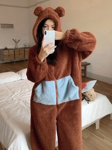 DAZY 加厚抓绒连帽耳罩设计女式连体衣，蓬松柔软，适合冬季和秋季穿着。 - 鏽棕色 - 查看 9