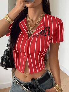 StreetHx Áo sơ mi tay ngắn in họa tiết sọc thường ngày dành cho nữ phong cách đường phố - Màu Hoa hồng đỏ - Xem 4